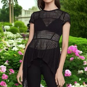 Womens Top BCBGMAXAZRIA Striped Lace Short Sleeve Blouse Black Asymmetrical Top